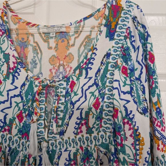 Rachel Zoe Boho Tunic Womens Size 2X White Hippie Tassel Rayon Casual Shirt - Picture 3 of 13